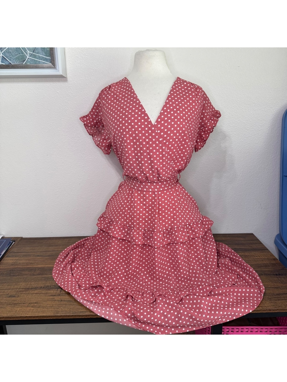 Monteau Red Polka Dot Ruffle Dress with Waist Tie Belt Size Medium